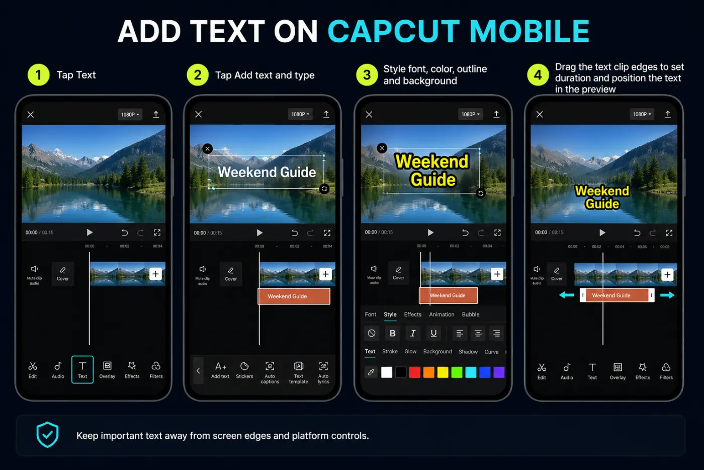 Four-step CapCut Mobile workflow to add, style, position and time a text layer