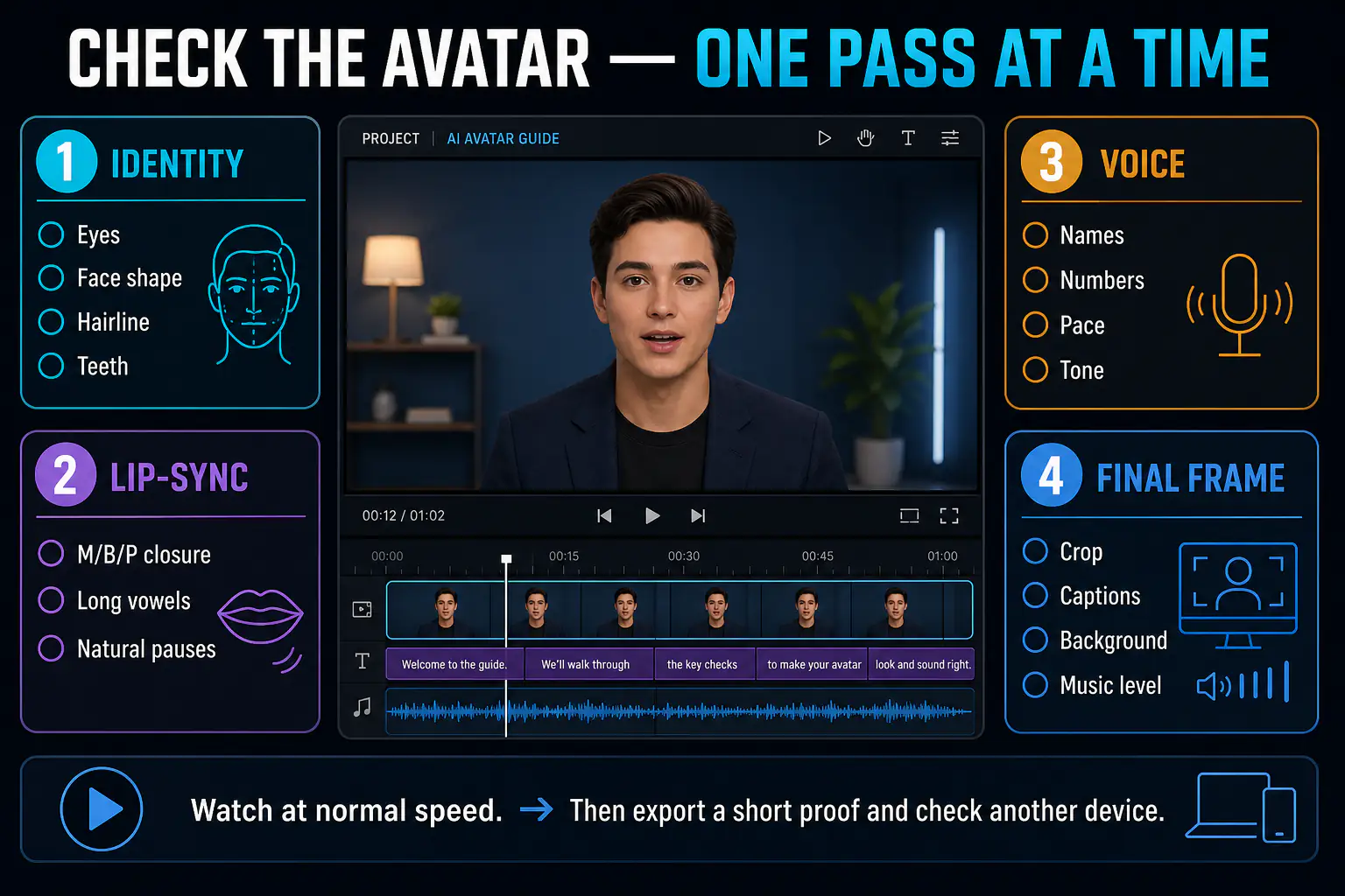 Four-pass CapCut AI Avatar quality check for identity, lip-sync, voice and final frame