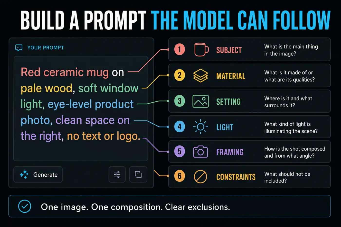 CapCut AI image prompt broken into subject material setting light framing and constraints