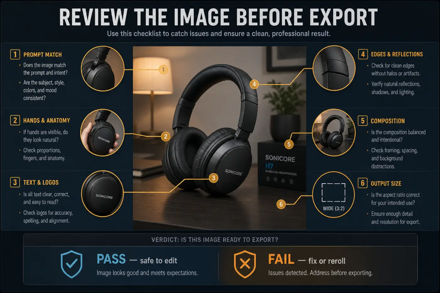 Six-point quality review for a CapCut AI generated image before export