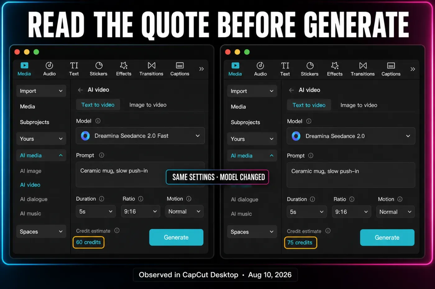 CapCut Desktop live credit quotes for two Seedance 2.0 models at five seconds