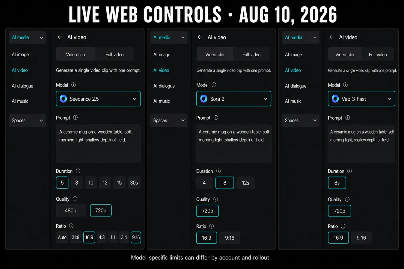 Live CapCut Web duration, resolution and aspect-ratio limits for Seedance 2.5, Sora 2 and Veo 3 Fast