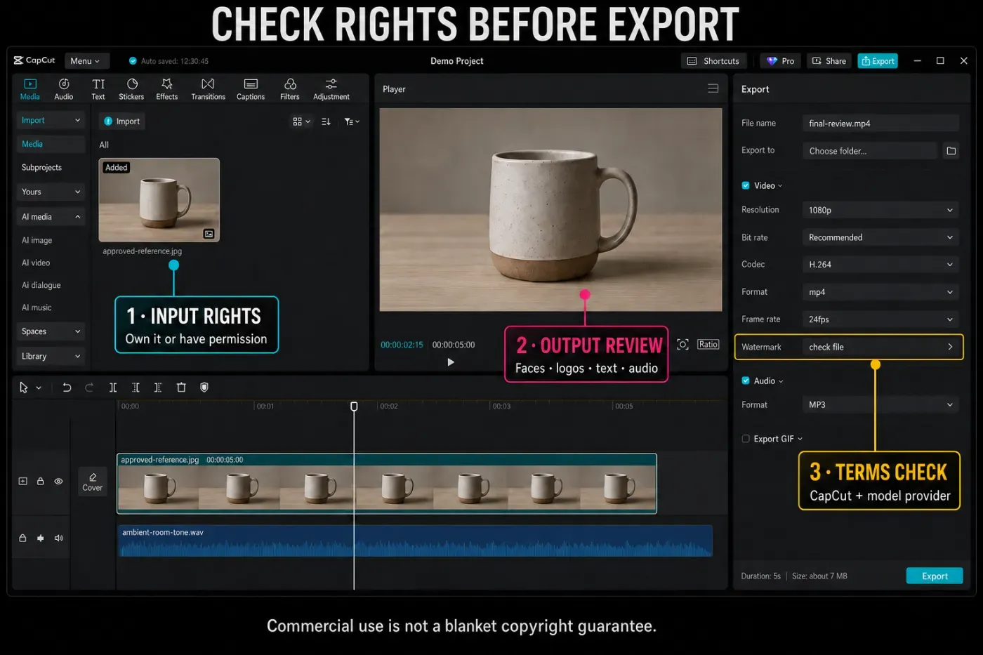 Rights, watermark and terms checks before using a CapCut AI-generated video