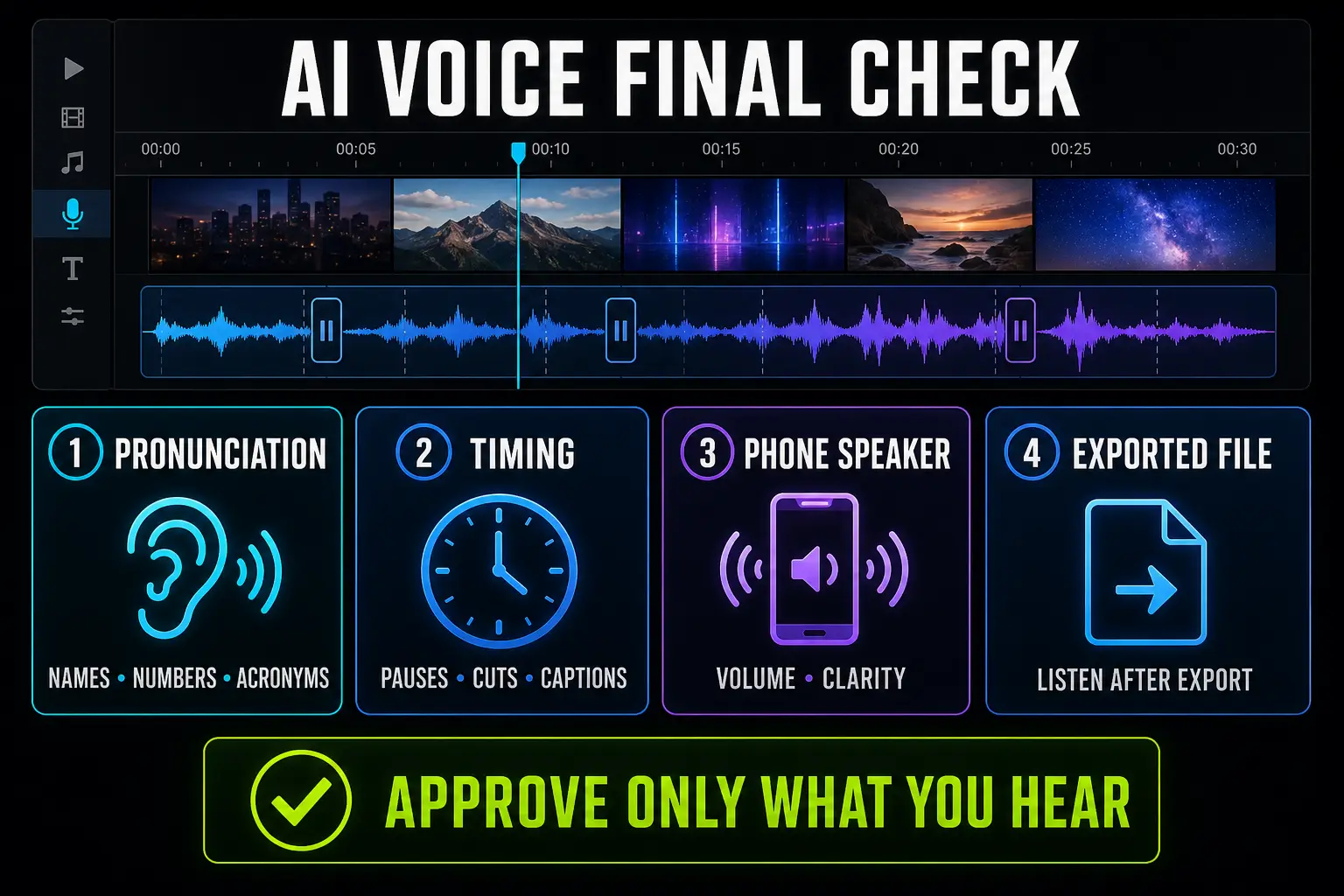 CapCut AI voice quality check for pronunciation timing phone playback and export
