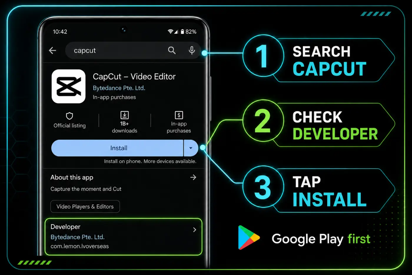 Official CapCut Google Play listing with developer and package checks