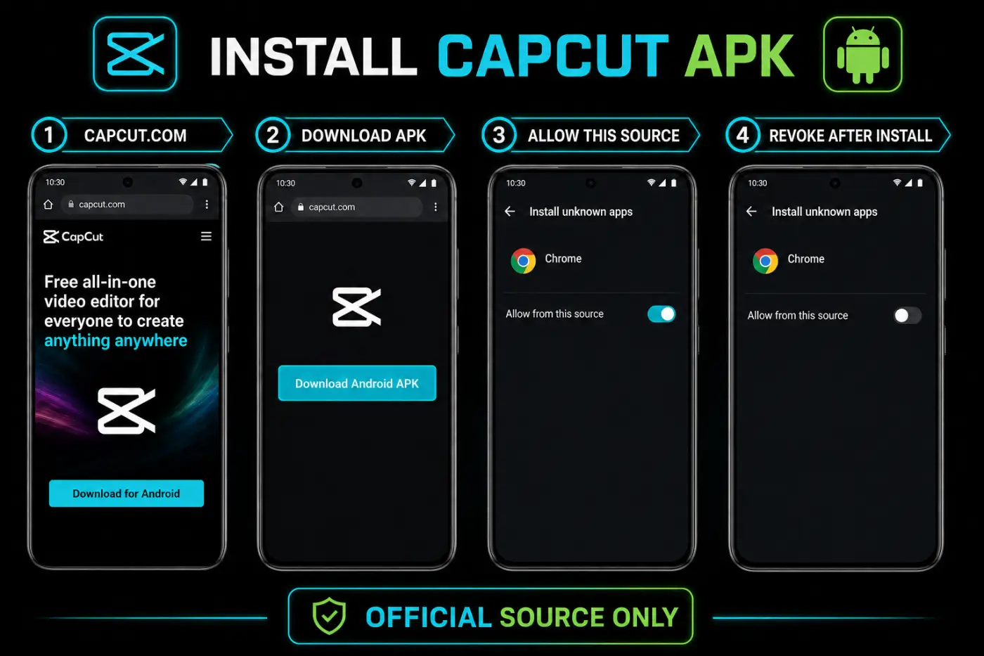 Official CapCut APK installation and Android source-permission steps