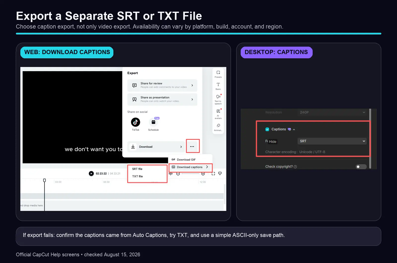 Current CapCut Web and Desktop SRT or TXT caption export controls