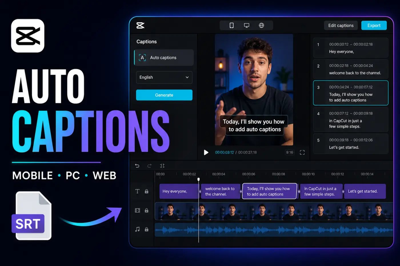 CapCut Auto Captions editor with caption list, timeline blocks and SRT export