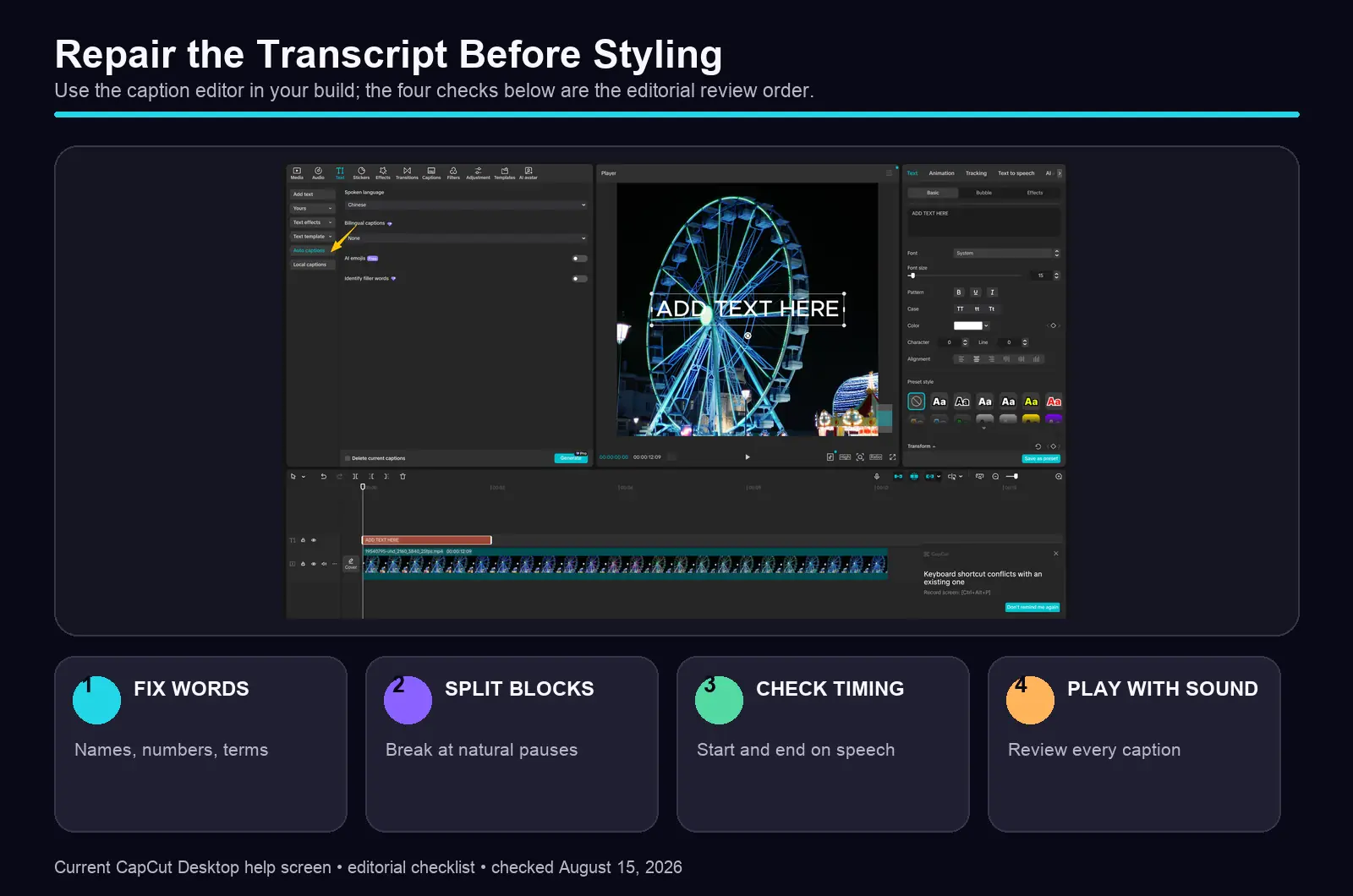 CapCut caption correction order for words, segments, timing and playback