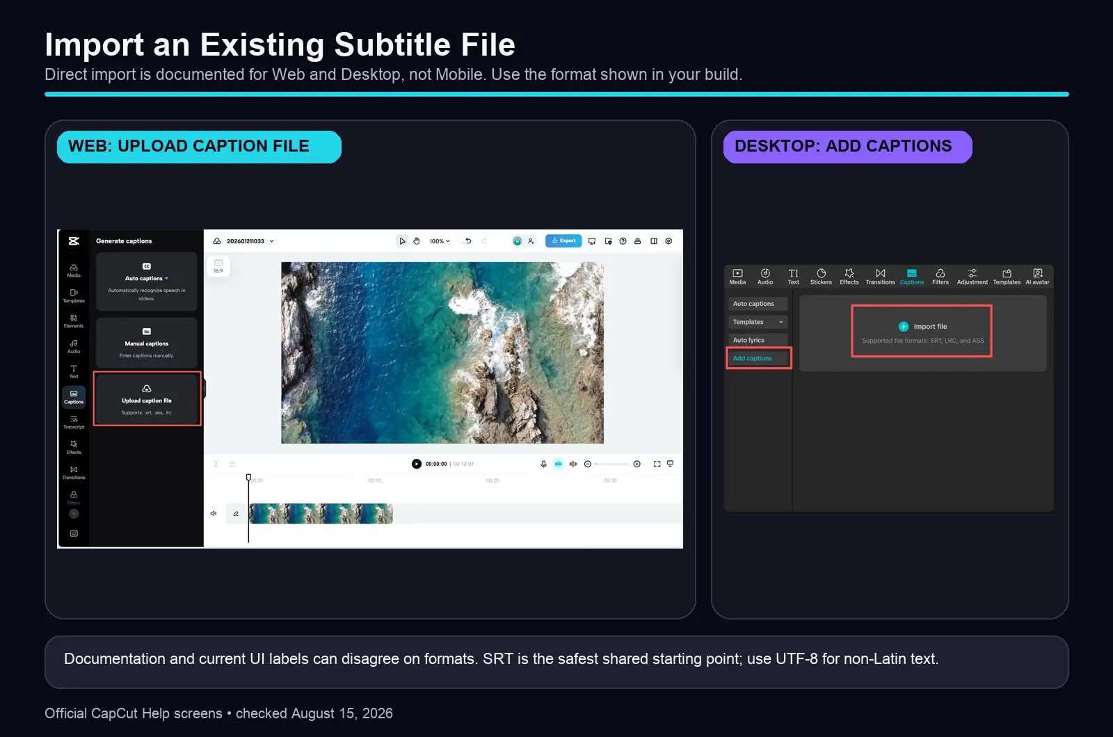 Current CapCut Web and Desktop subtitle file import routes