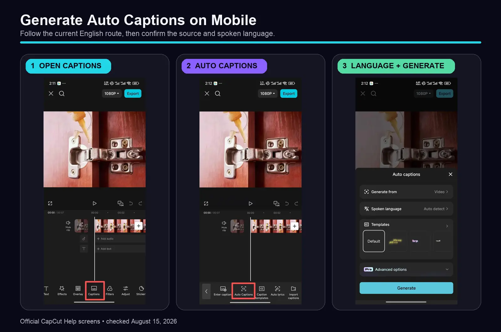 Current CapCut Mobile steps to open and generate Auto Captions
