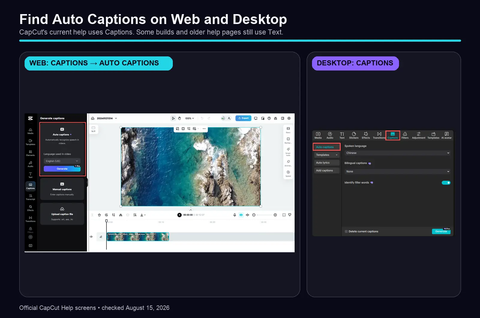 Current CapCut Auto Captions routes on Web and Desktop