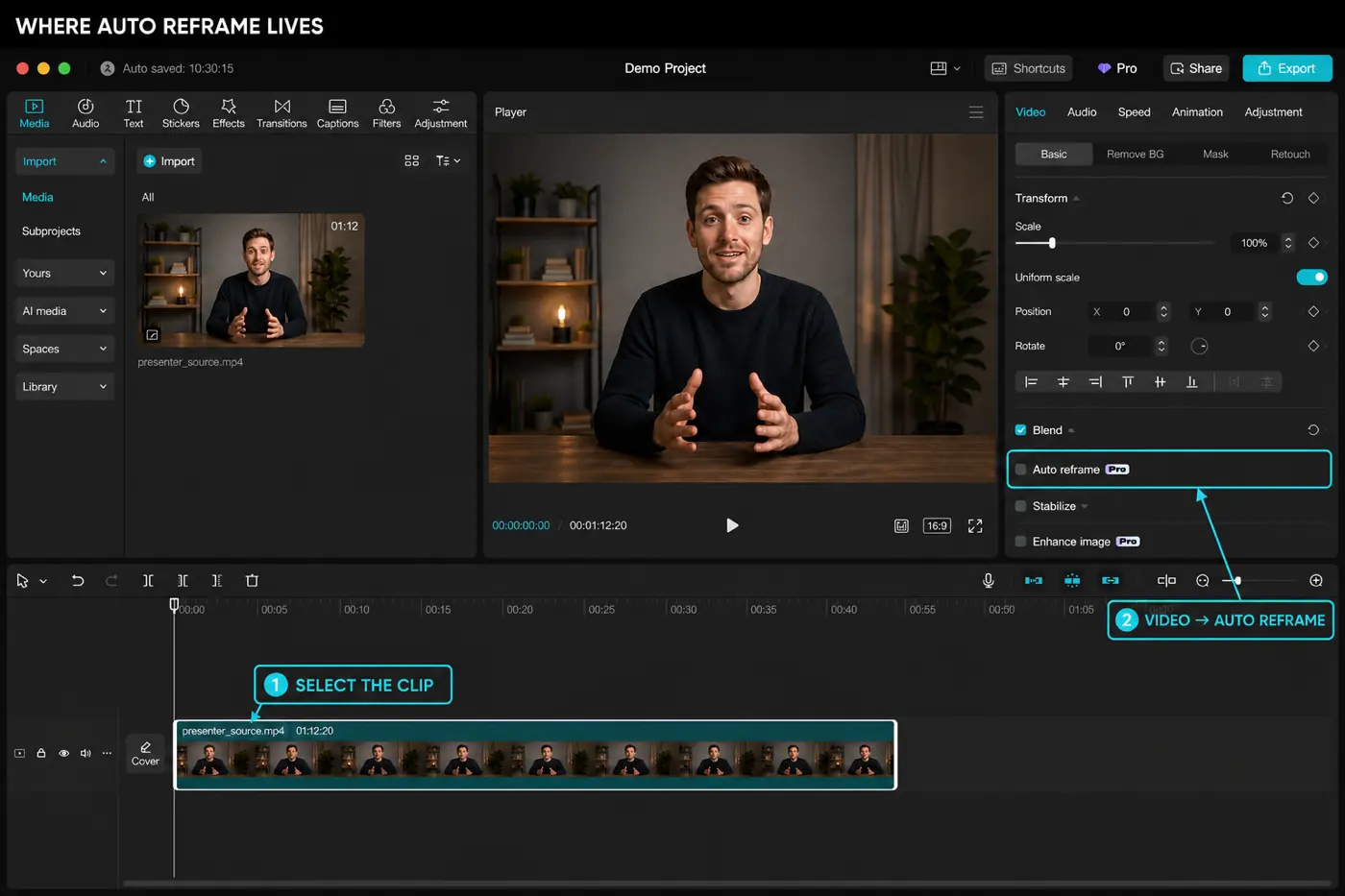 CapCut Desktop selected timeline clip with Video Auto Reframe control highlighted