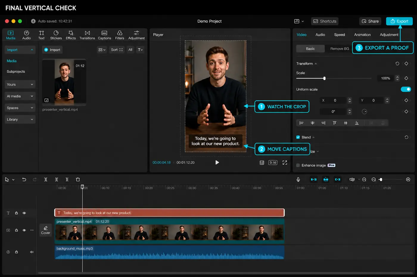CapCut vertical video final checks for crop captions safe area and export settings