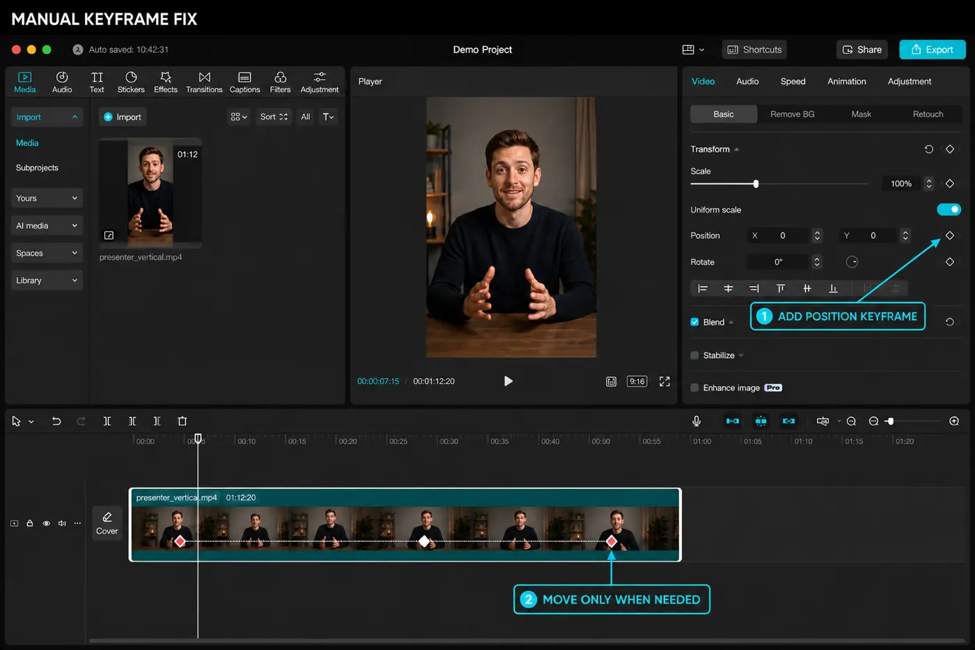 CapCut timeline position keyframes manually correcting a vertical subject crop