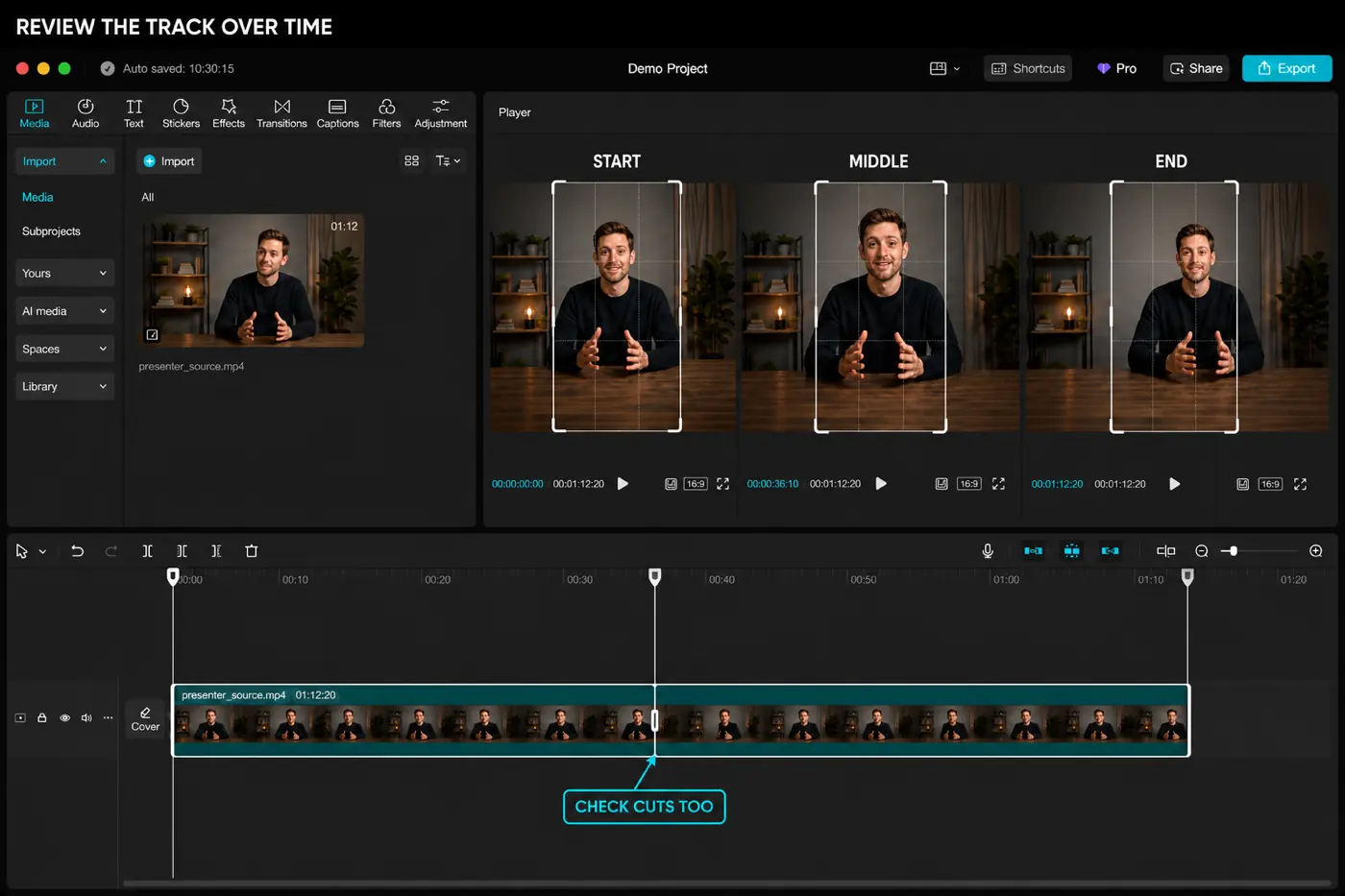 CapCut vertical Auto Reframe result reviewed at start middle end and shot cuts