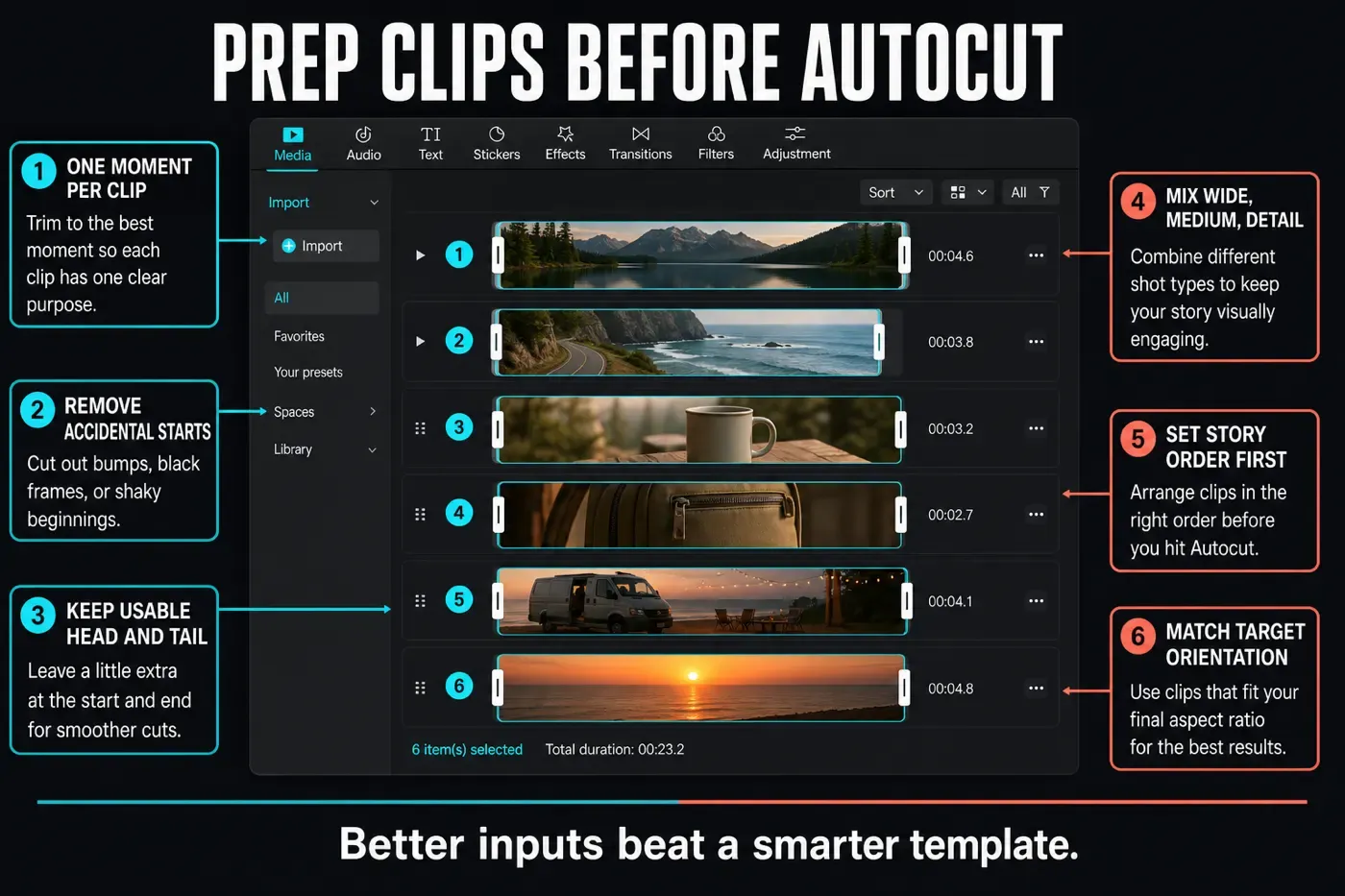 Six source clip preparation checks before running CapCut AutoCut