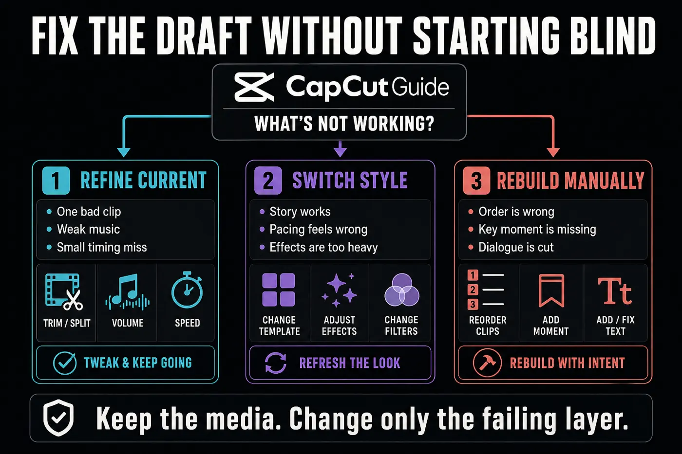 CapCut AutoCut decision tree to refine switch style or rebuild manually
