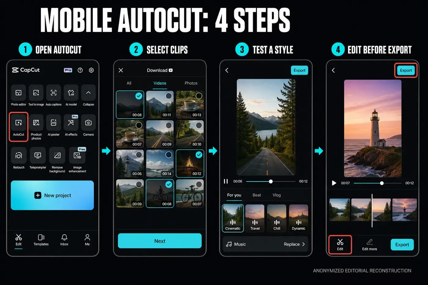 CapCut AutoCut on mobile, from opening the tool to an edited export