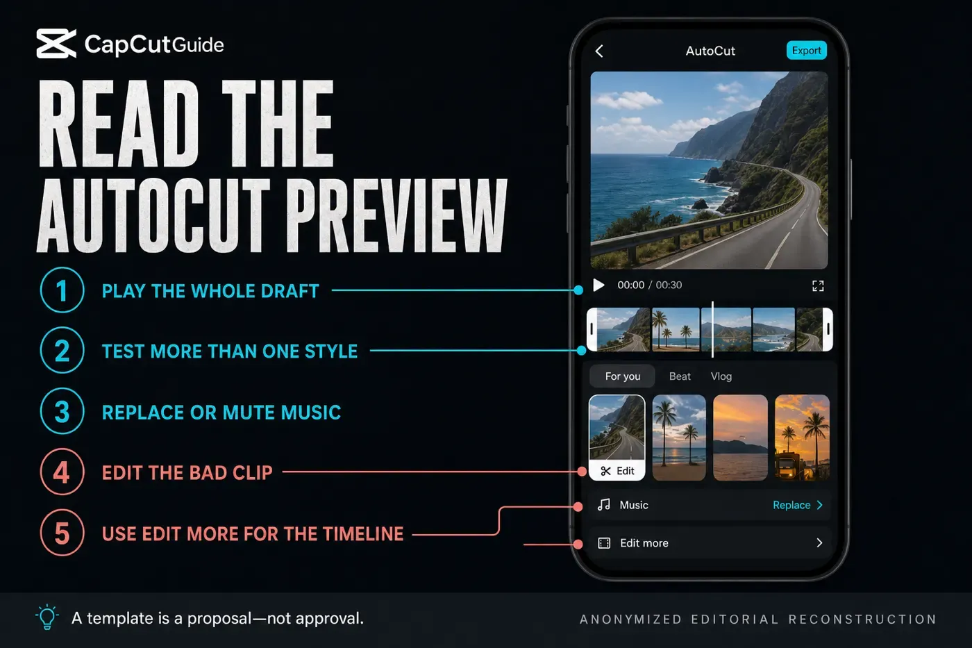 CapCut AutoCut preview controls for style music clip edit and timeline edit