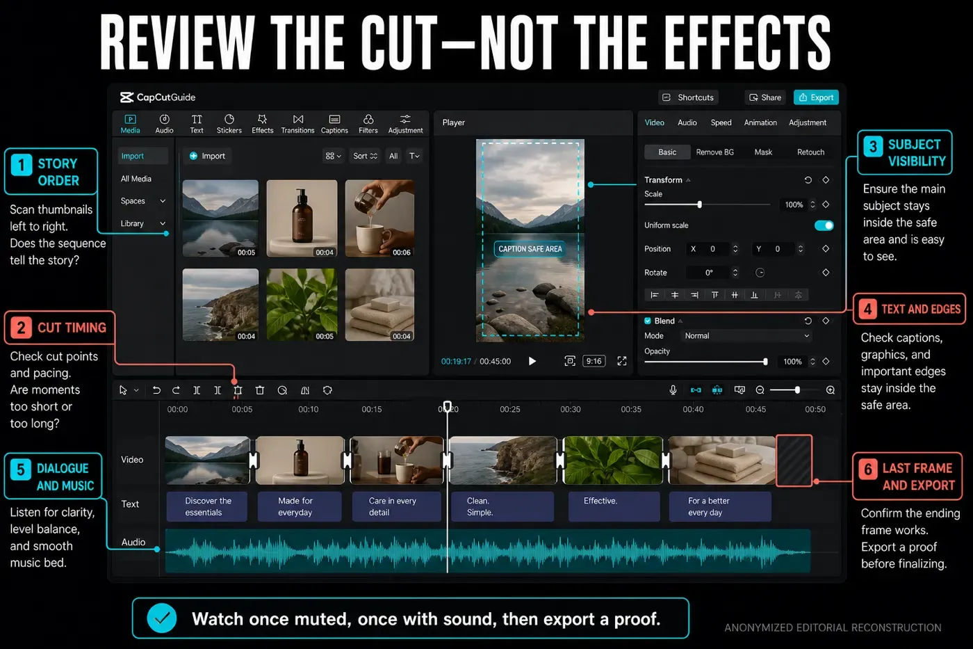 CapCut AutoCut review checklist for story timing framing audio and export