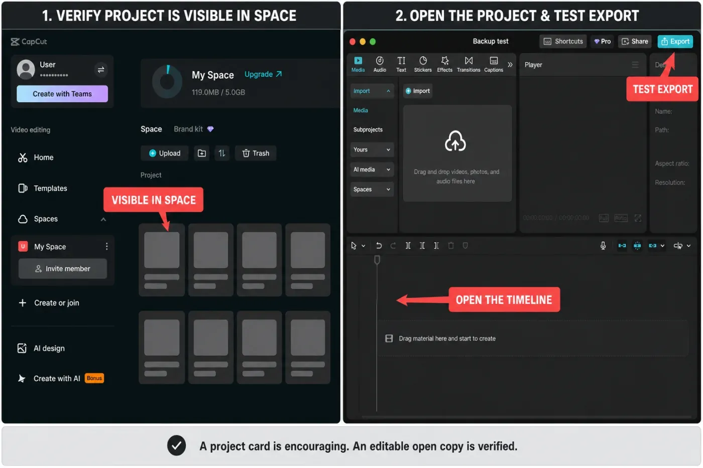 CapCut project safety levels from local only to a verified editable backup