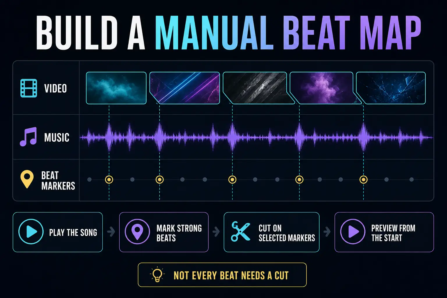 Manual CapCut beat map with music waveform, selected markers and video cuts aligned to strong beats