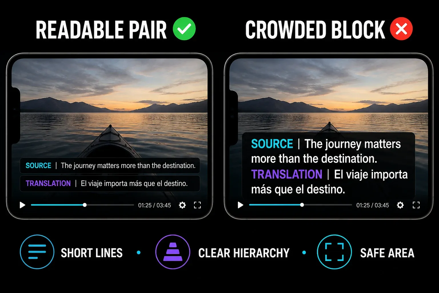 Readable bilingual subtitle pair compared with a crowded four-line caption block