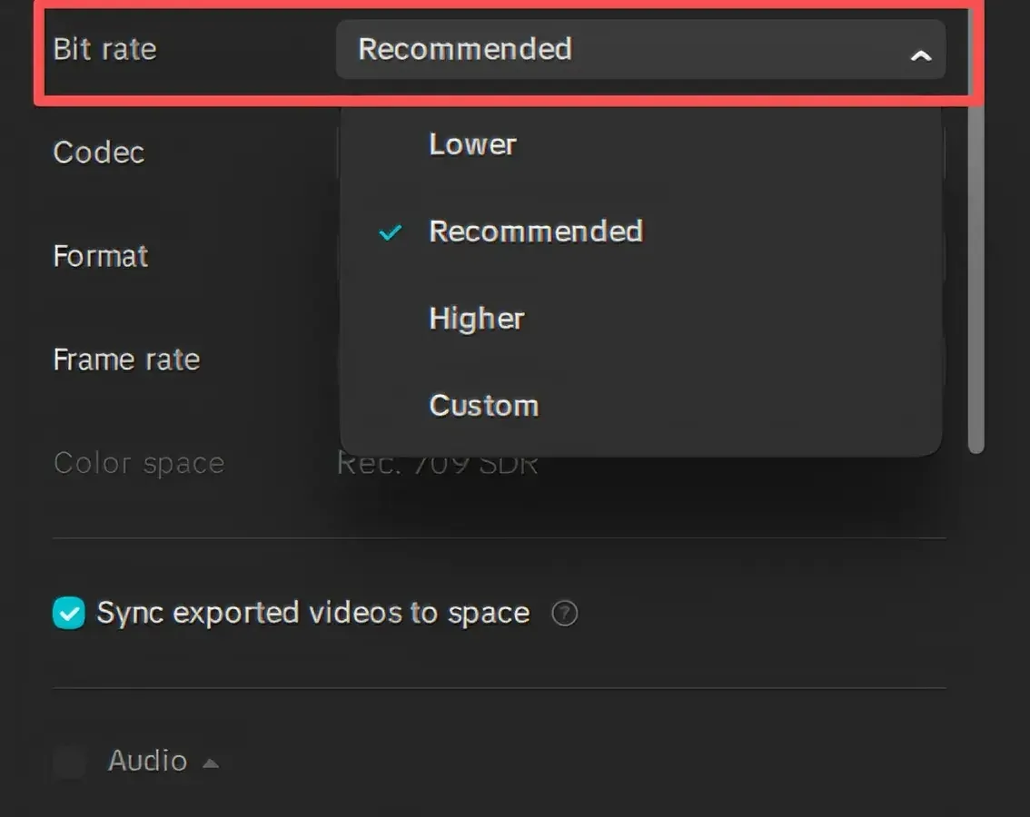 CapCut Desktop Bit rate menu with Lower, Recommended, Higher and Custom choices