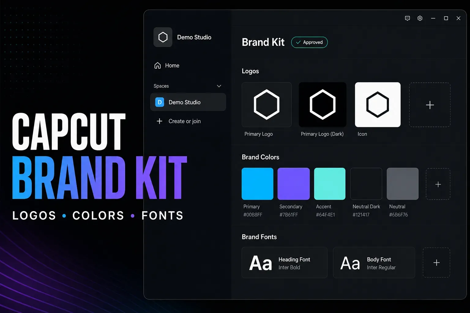 CapCut Brand Kit workspace with approved logos, brand colors and fonts
