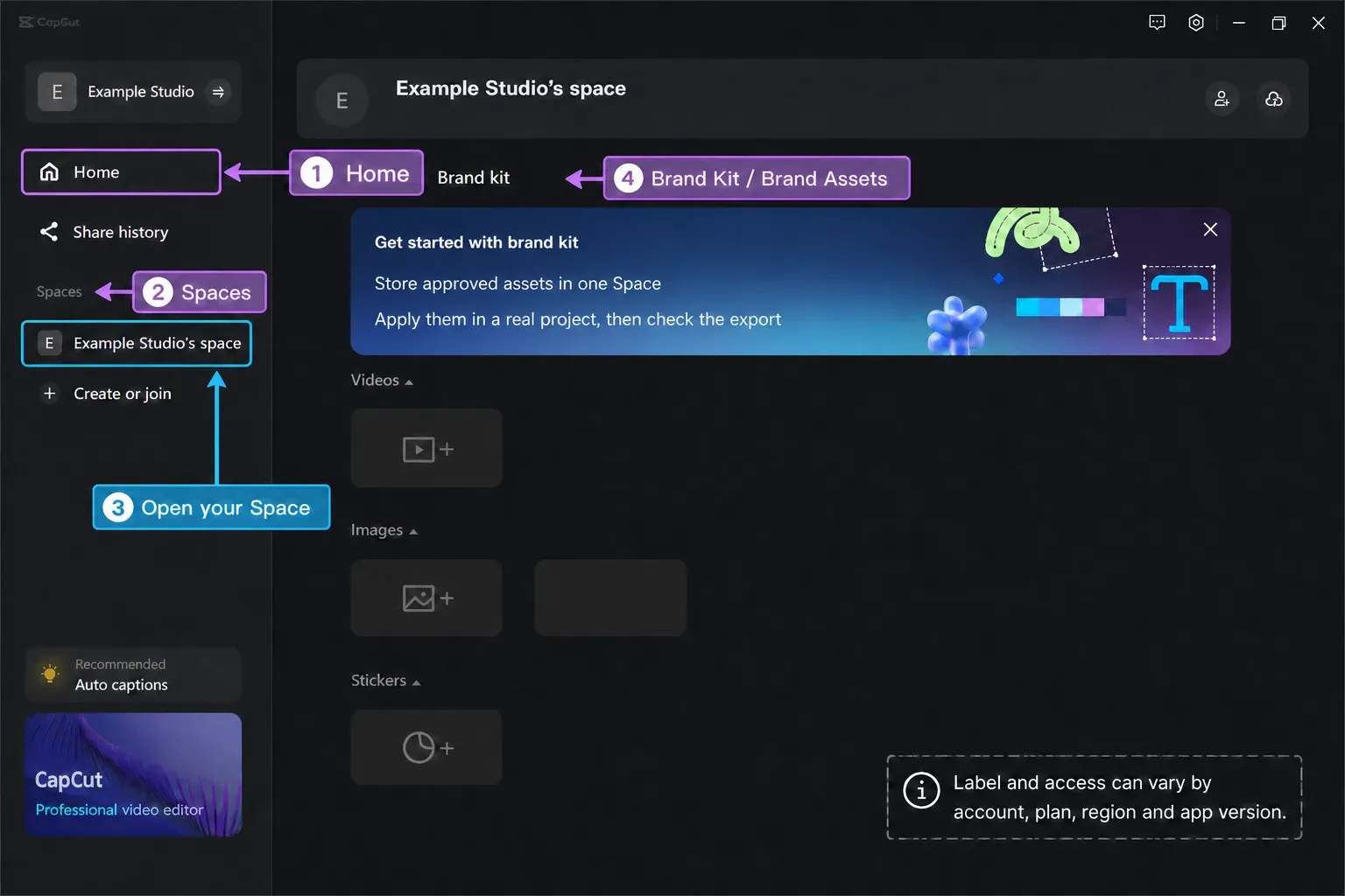 Anonymized CapCut Desktop route from Home and Spaces to Brand Kit or Brand Assets