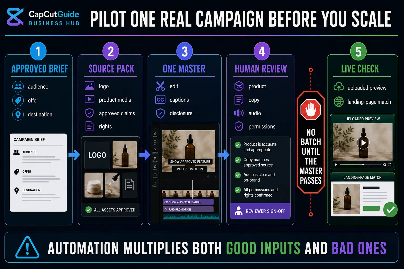 Five-stage pilot for a CapCut business video from approved brief to live placement check