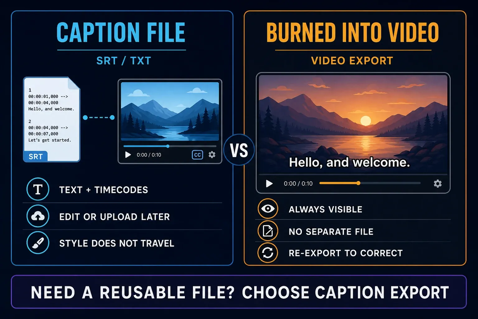 Caption file versus captions burned into a CapCut video