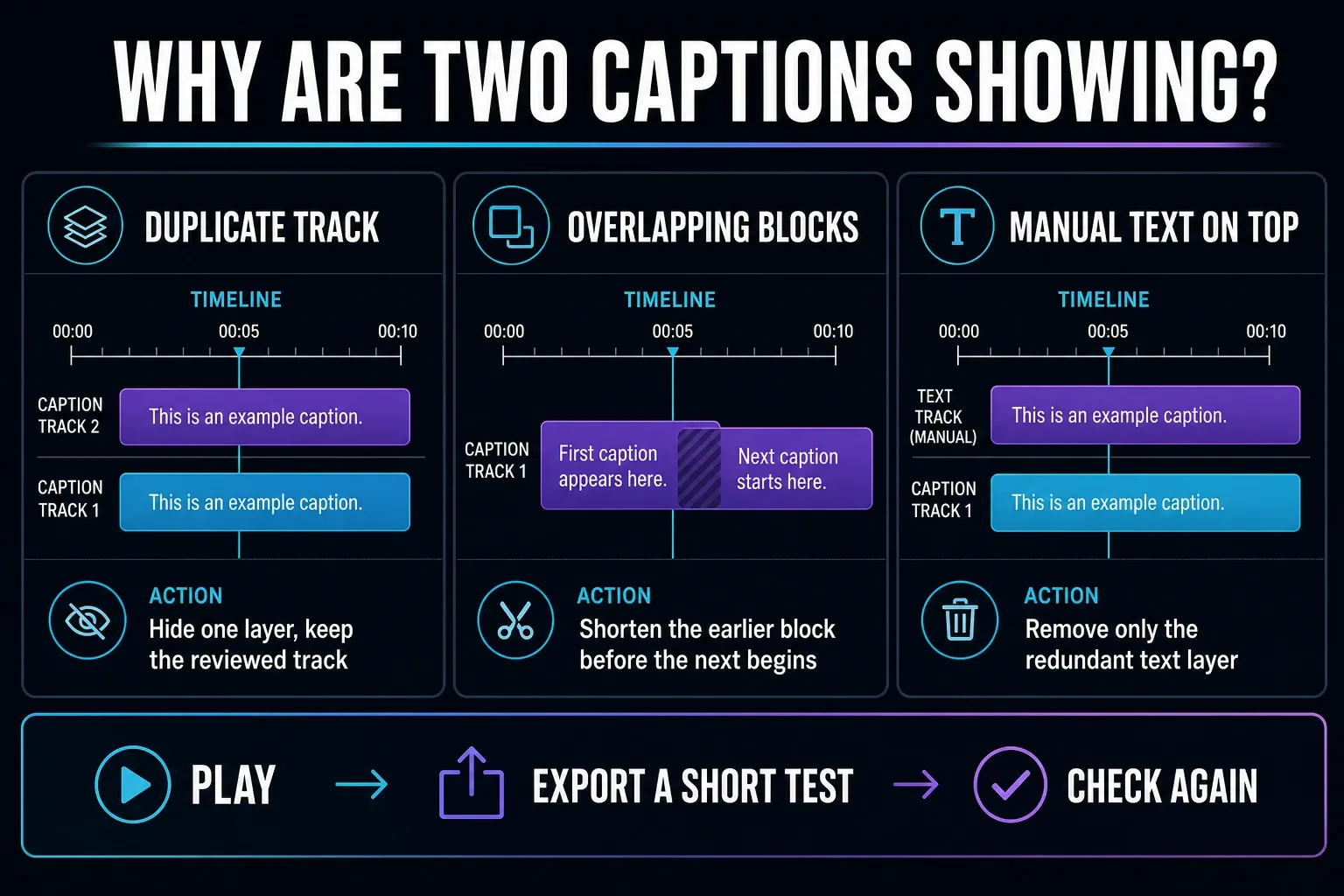 Caption overlap repair flow for duplicate tracks, overlapping blocks and manual text