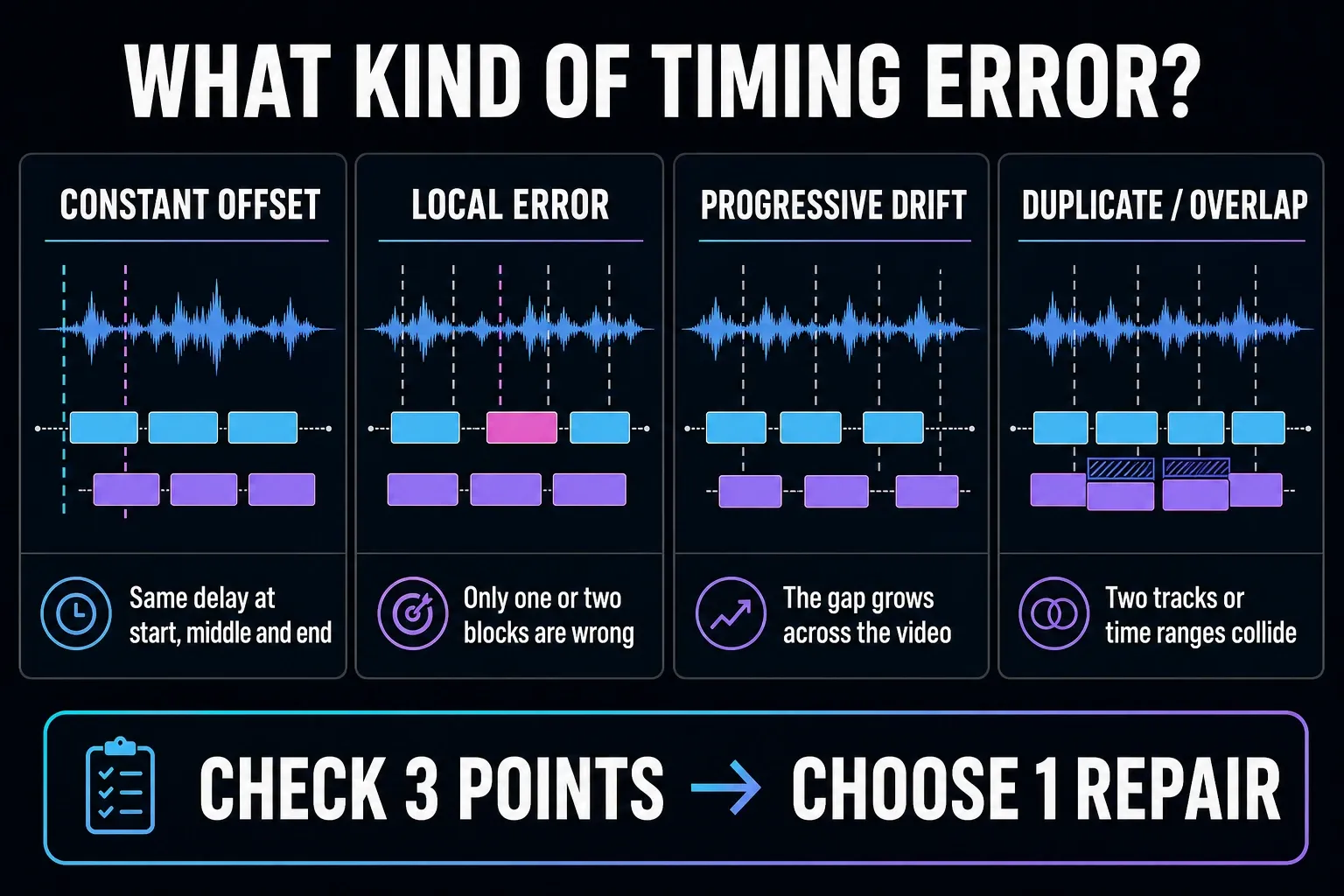 Constant offset, local caption error, progressive drift and duplicate overlap compared