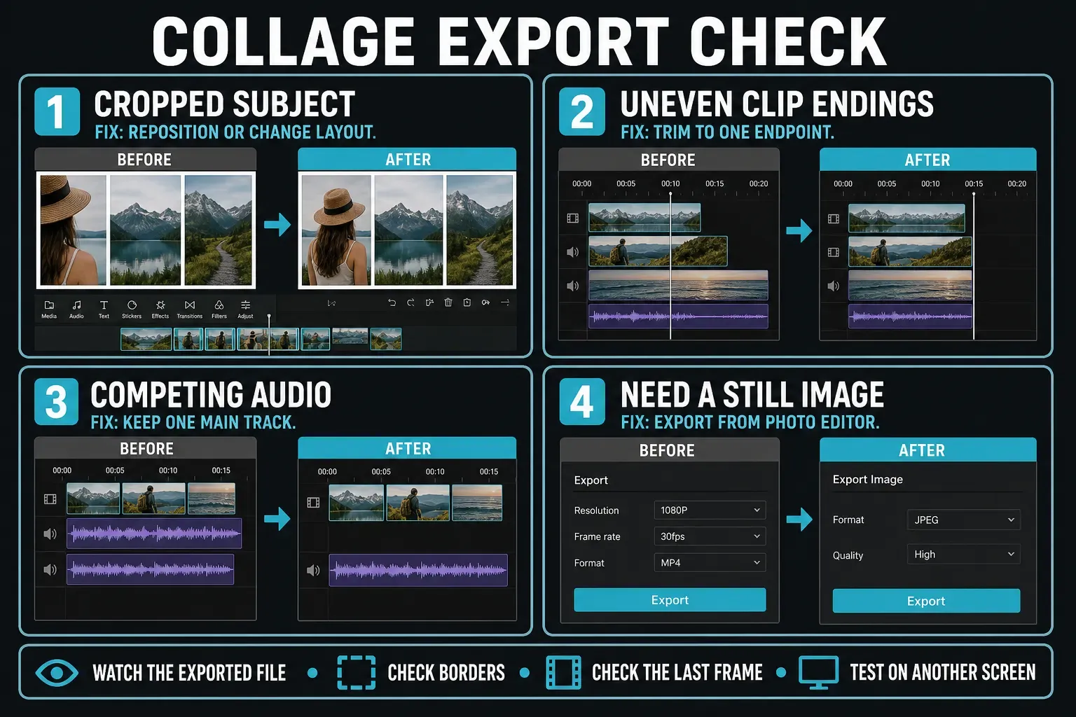 CapCut collage export checklist for cropped subjects, uneven clip endings, competing audio and still images