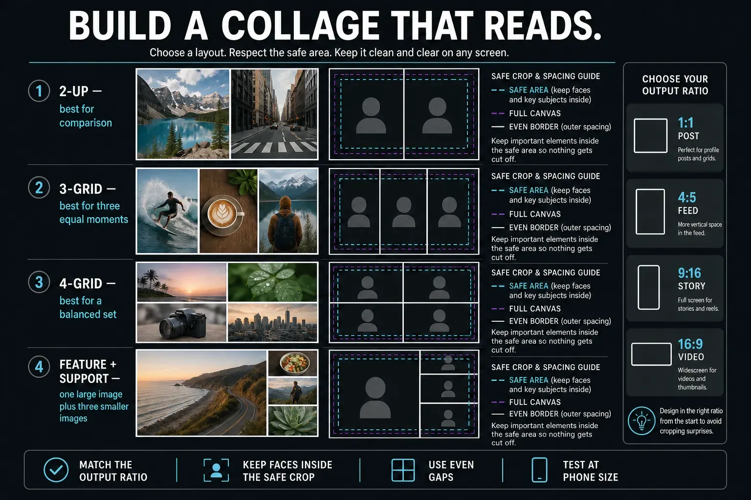 CapCut collage layout and safe-crop guide for 2-up, 3-grid, 4-grid and feature layouts