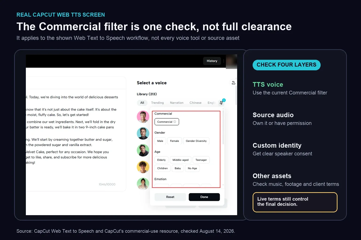 Real CapCut Web Text to Speech Commercial filter with rights checklist