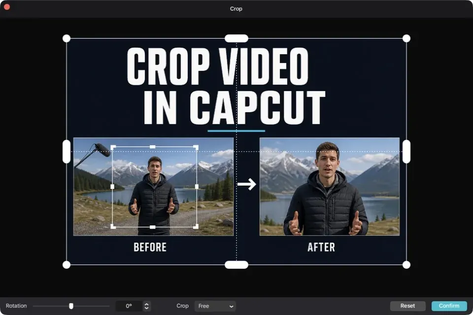 Current English CapCut Desktop Crop window with Free and Confirm controls