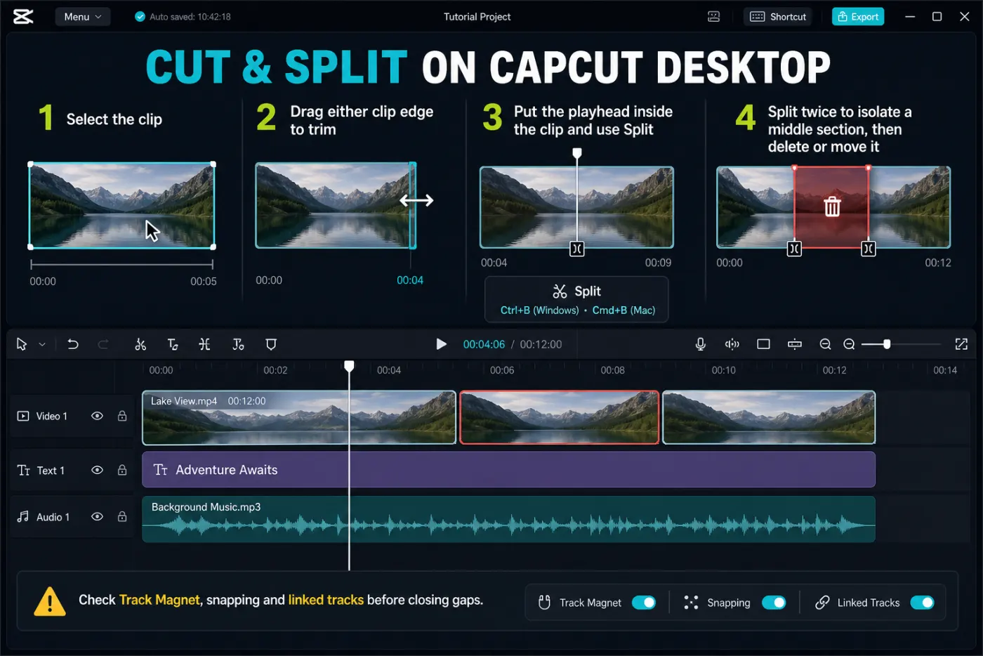 CapCut Desktop trim and split workflow with Windows and Mac shortcuts