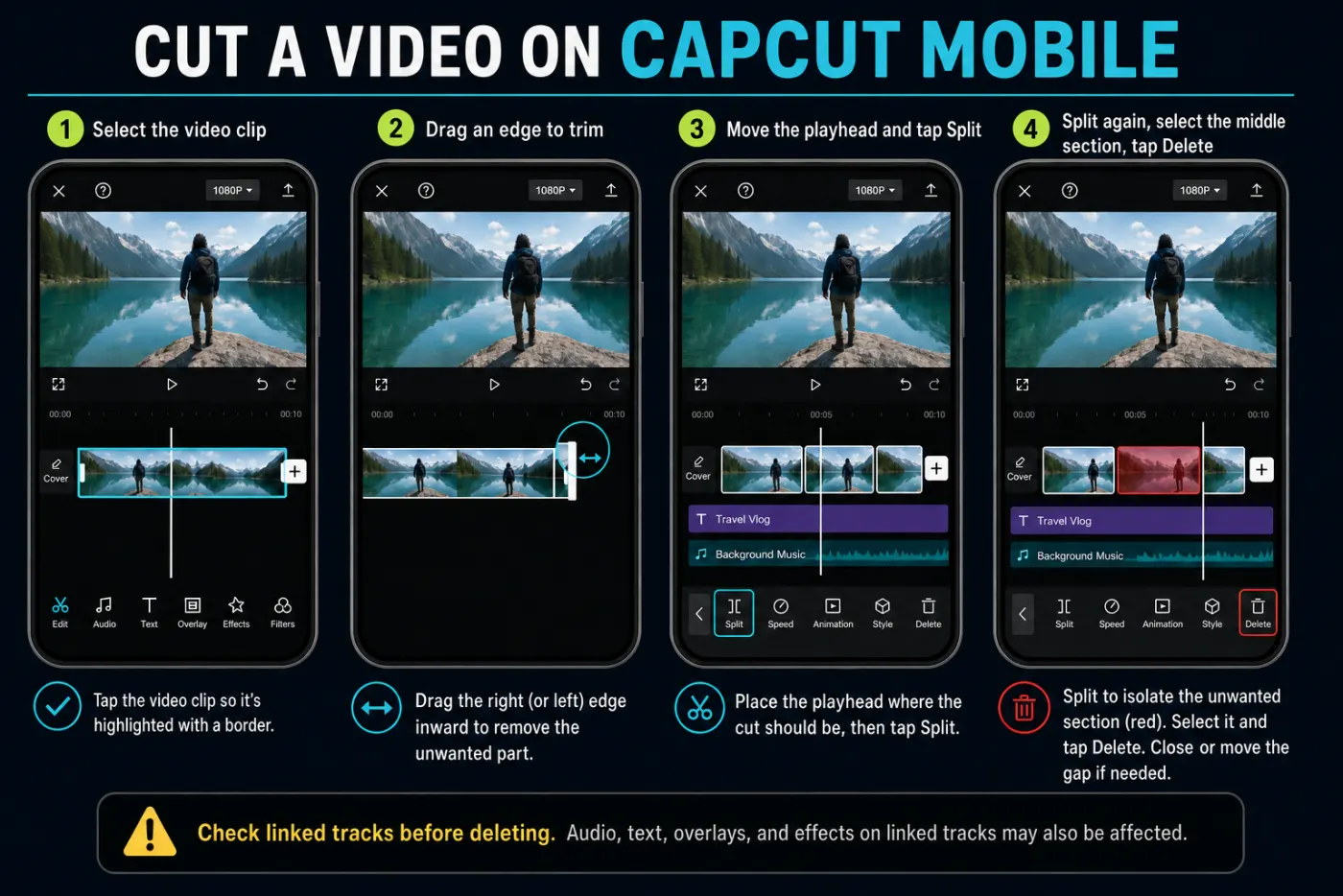 Four-step CapCut Mobile workflow to trim, split and delete a video section