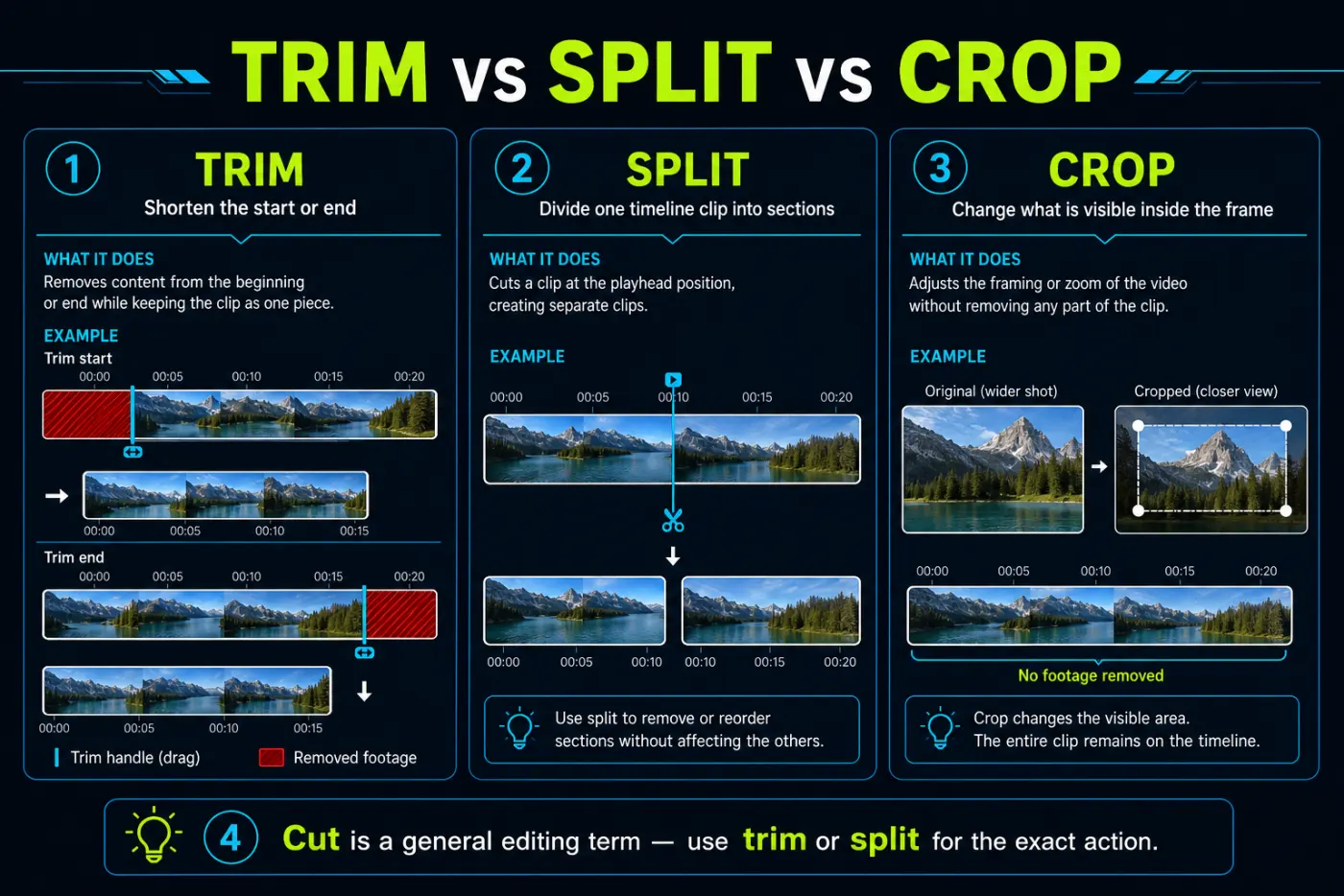 Trim, split and crop compared with timeline and framing diagrams