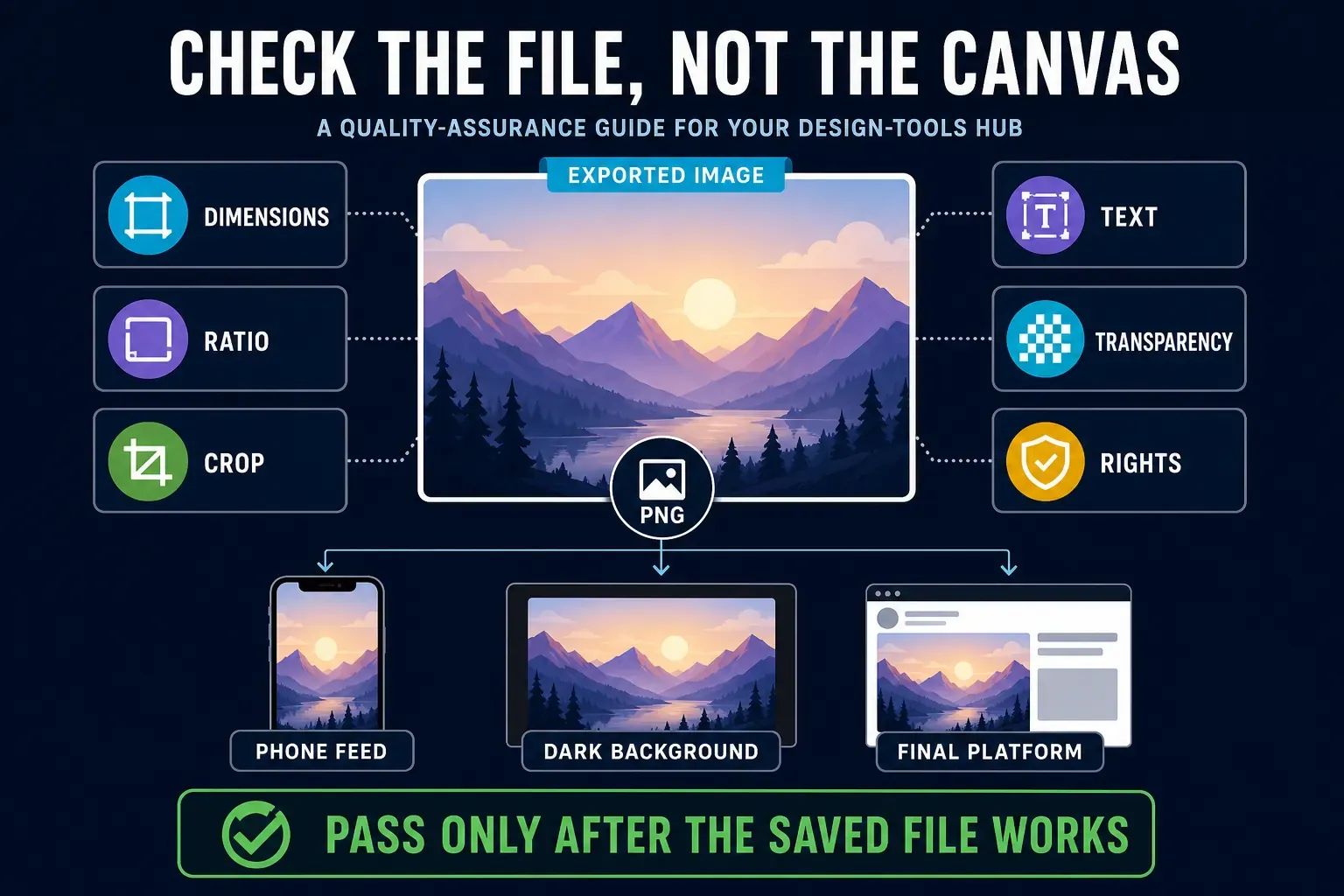 Static design quality checklist for dimensions, crop, text, transparency, rights and final platform