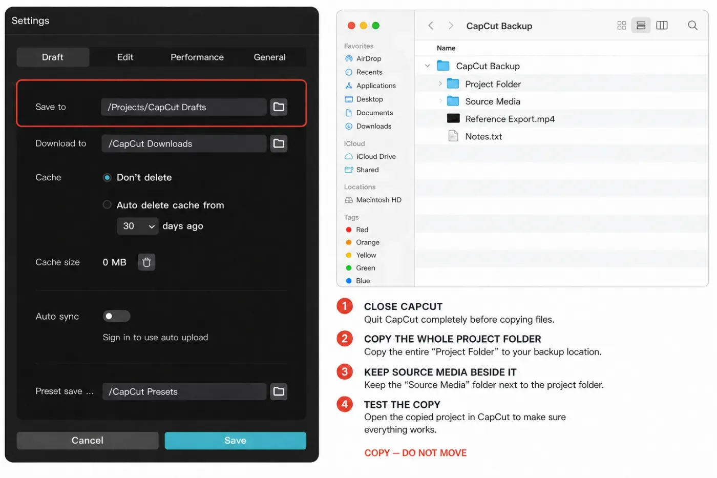 Four-step workflow for safely copying a CapCut desktop project and source media