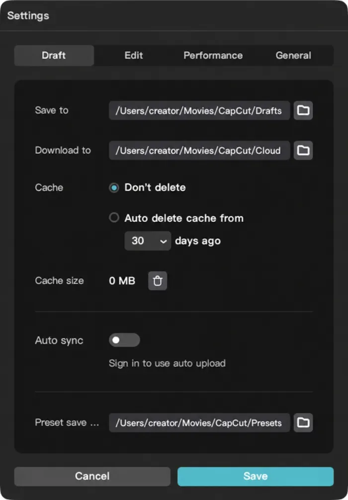 English CapCut Desktop Draft settings with anonymized project folder paths