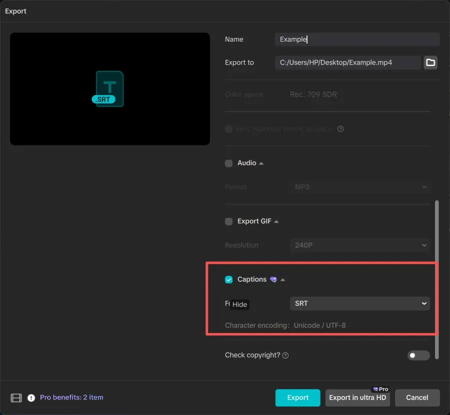 Current CapCut Desktop export dialog with Captions and SRT selected
