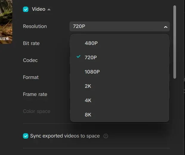 CapCut Desktop export panel with resolution, bitrate, codec, format and frame rate controls