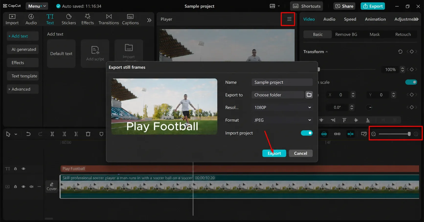 Anonymized CapCut Desktop Export still frames dialog with resolution and JPEG format