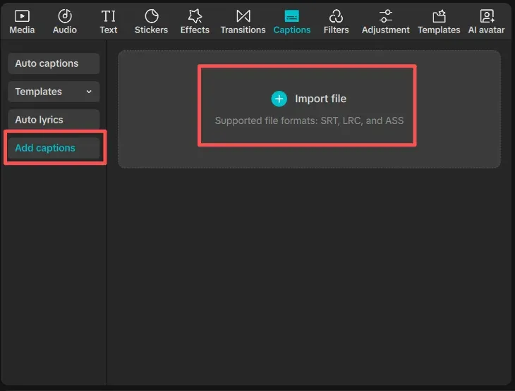 Current CapCut Desktop Captions panel with Add captions, Import file and supported SRT LRC ASS labels