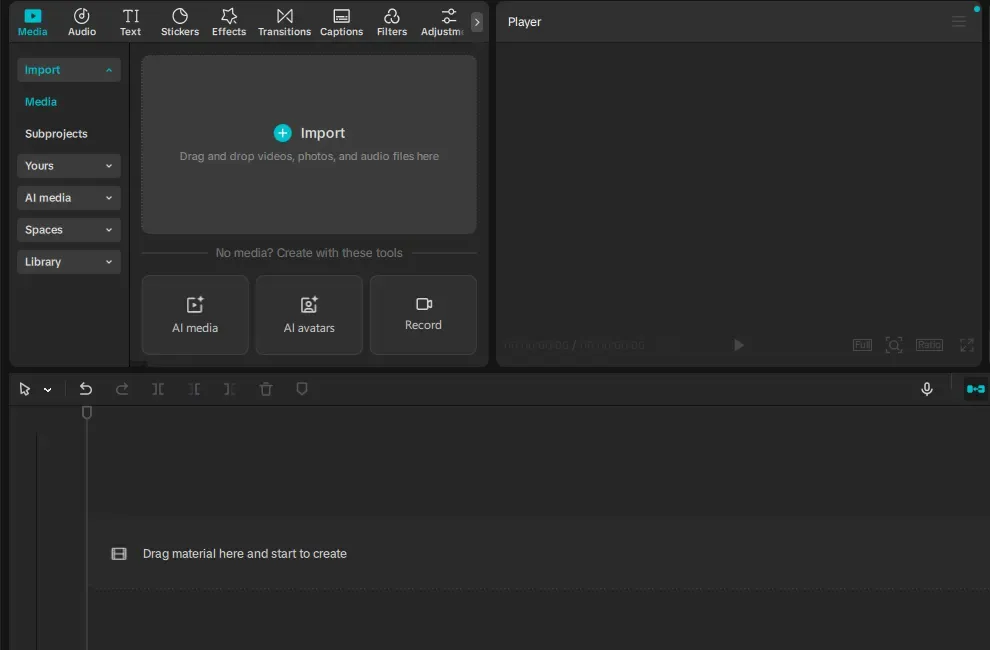 CapCut Desktop import panel player and empty multitrack timeline on Windows